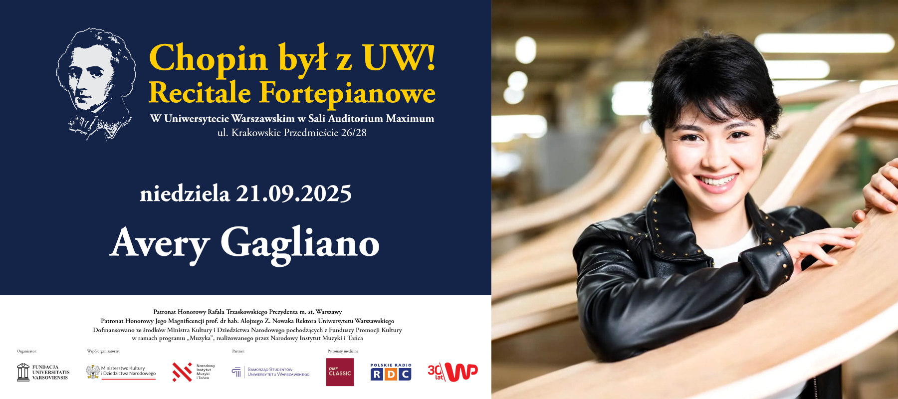 Recitale fortepianowe „CHOPIN BYŁ Z UW!” – AVERY GAGLIANO